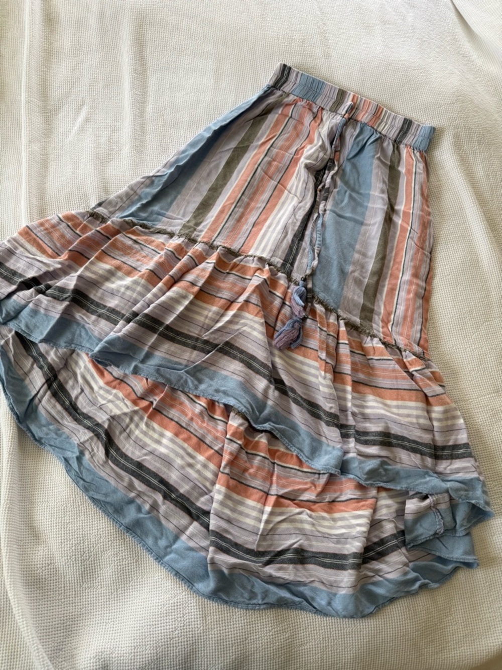 Francesca's Collections Striped High-Low Maxi Skirt in Blue, Coral, Cream